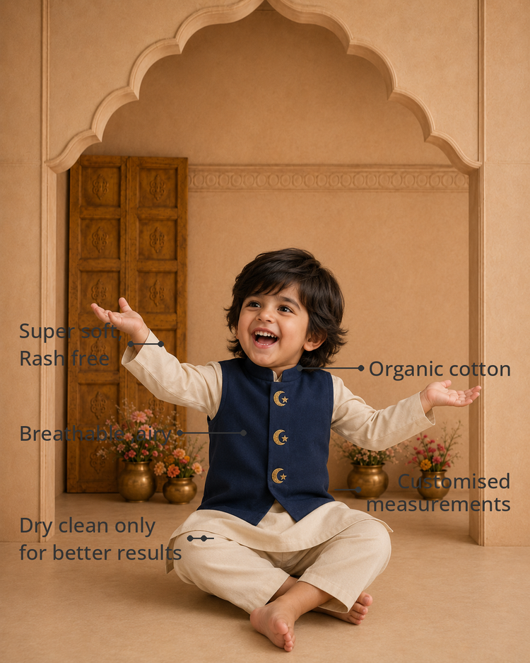 Anaario Cream Moon-Star Waistcoat Set features - organic cotton, super soft and rash free, breathable, dry clean only, customised measurements