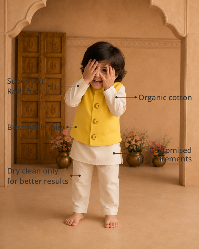 Anaario Cream Moon-Star Waistcoat Set features - organic cotton, super soft and rash free, breathable, dry clean only, customised measurements