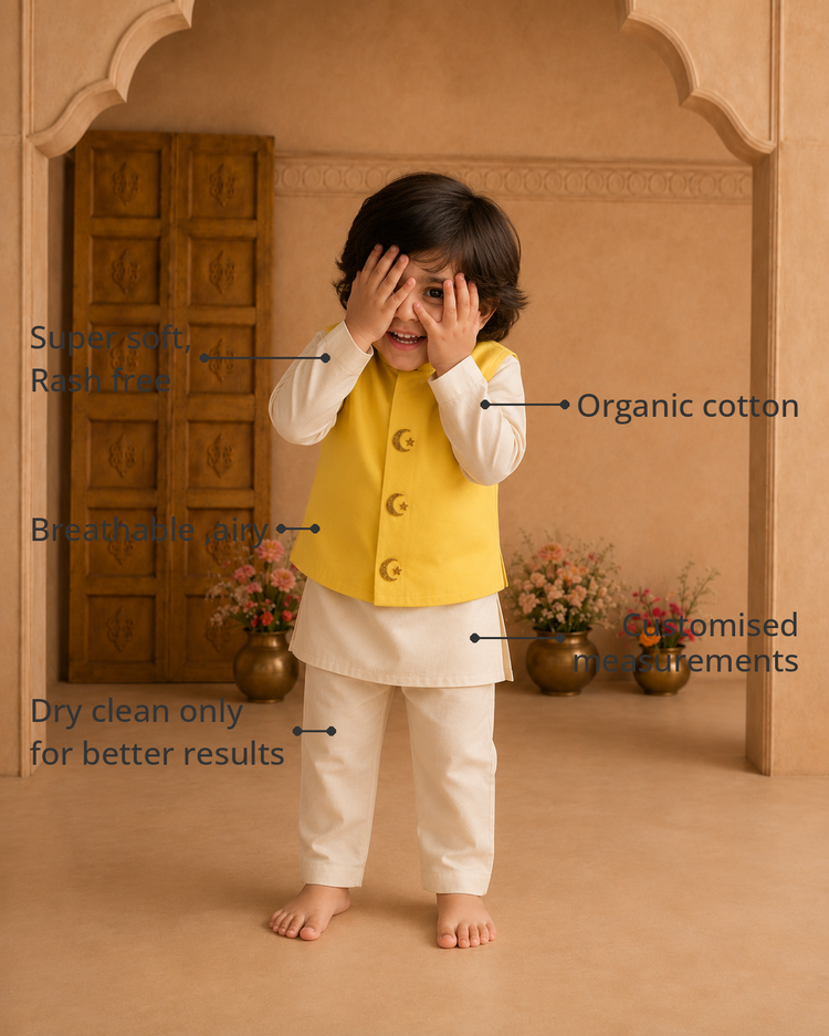 Anaario Cream Moon-Star Waistcoat Set features - organic cotton, super soft and rash free, breathable, dry clean only, customised measurements