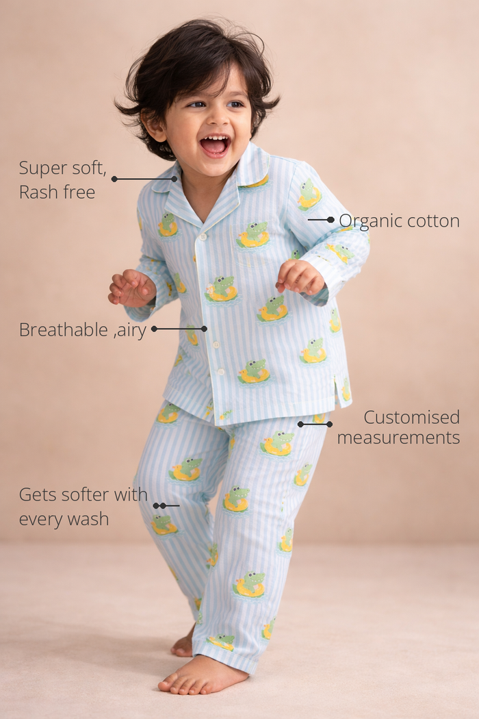 Anaario Crocodile Print Night Suit features - organic cotton, super soft and rash free, breathable, gets softer with every wash, customised measurements