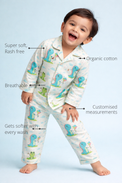 Anaario Dino-Kites Night Suit features - organic cotton, super soft and rash free, breathable, gets softer with every wash, customised measurements