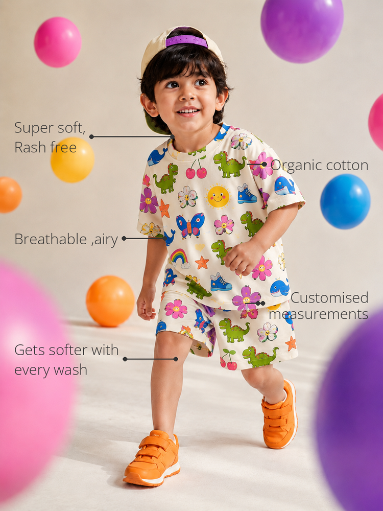 Anaario Doodle Squad Co-ord Set features - organic cotton, super soft and rash free, breathable, gets softer with every wash, customised measurements