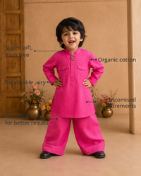 Anaario Fuchsia Moon-Star Kurta Set features - organic cotton, super soft and rash free, breathable, dry clean only, customised measurements