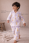 Anaario Giraffe & Balloons Night Suit features - organic cotton, super soft and rash free, breathable, gets softer with every wash, customised measurements