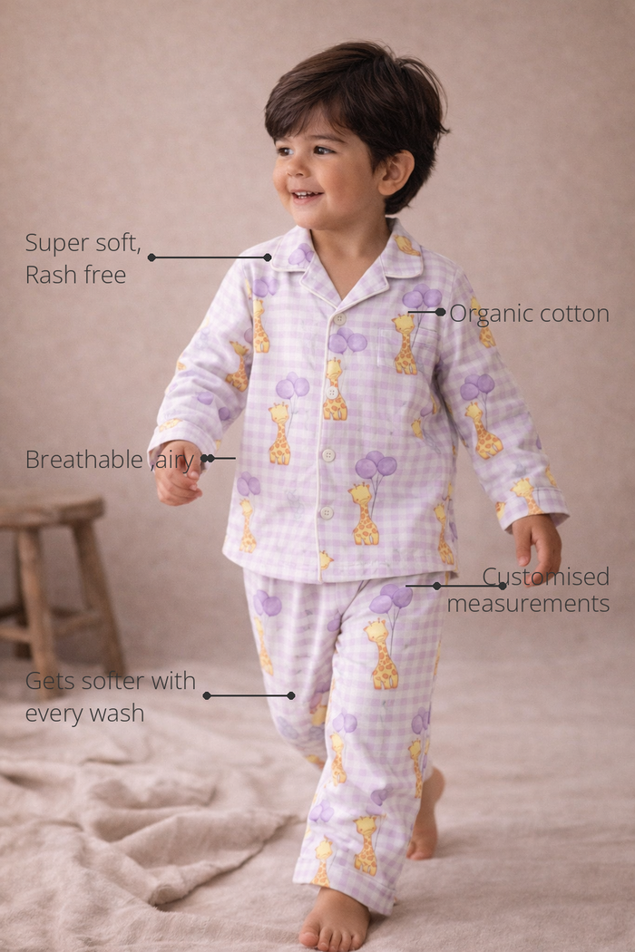 Anaario Giraffe & Balloons Night Suit features - organic cotton, super soft and rash free, breathable, gets softer with every wash, customised measurements