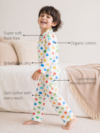 Anaario Happy Halfs Night Suit features - organic cotton, super soft and rash free, breathable, gets softer with every wash, customised measurements