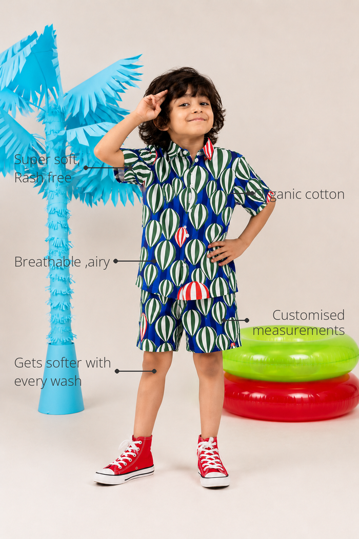 Anaario Hot Air Balloon Shorts features - organic cotton, super soft and rash free, breathable, gets softer with every wash, customised measurements