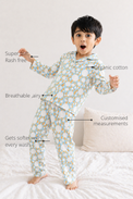Anaario Ivory and Tangerine Poppy Raindrops Night Suit features - organic cotton, super soft and rash free, breathable, gets softer with every wash, customised measurements