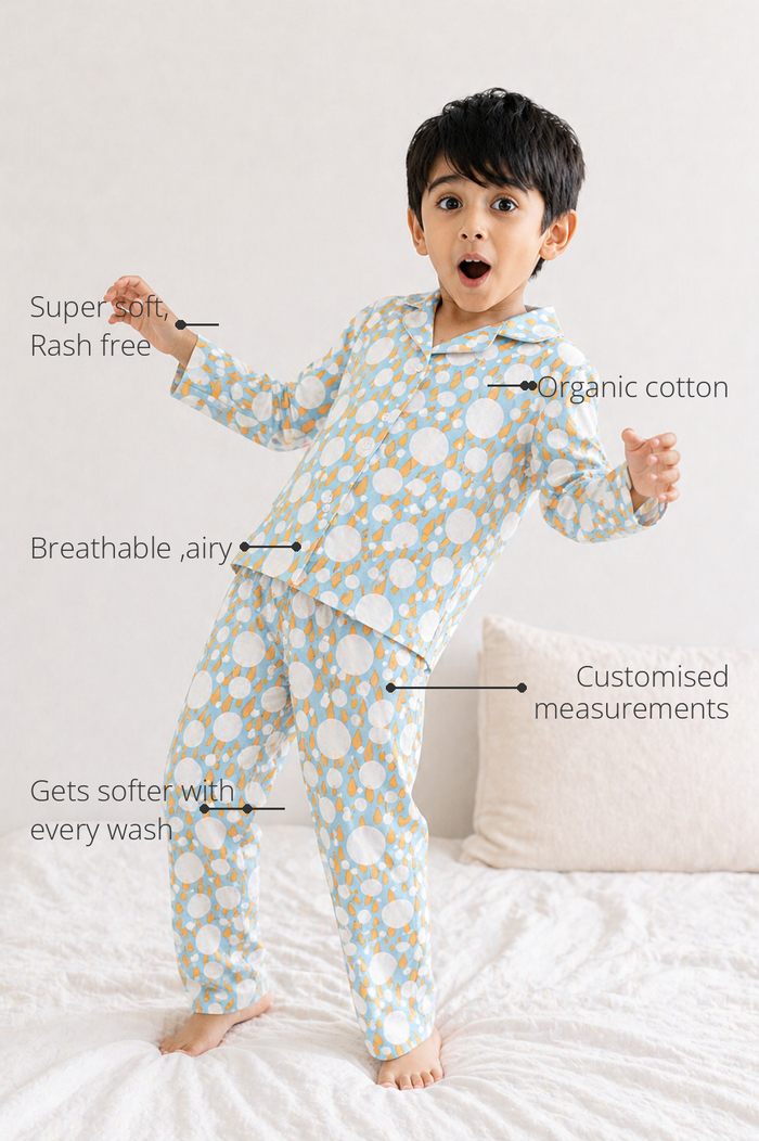 Anaario Ivory and Tangerine Poppy Raindrops Night Suit features - organic cotton, super soft and rash free, breathable, gets softer with every wash, customised measurements