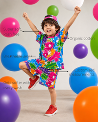 Anaario Kaboom Co-ord Set features - organic cotton, super soft and rash free, breathable, gets softer with every wash, customised measurements