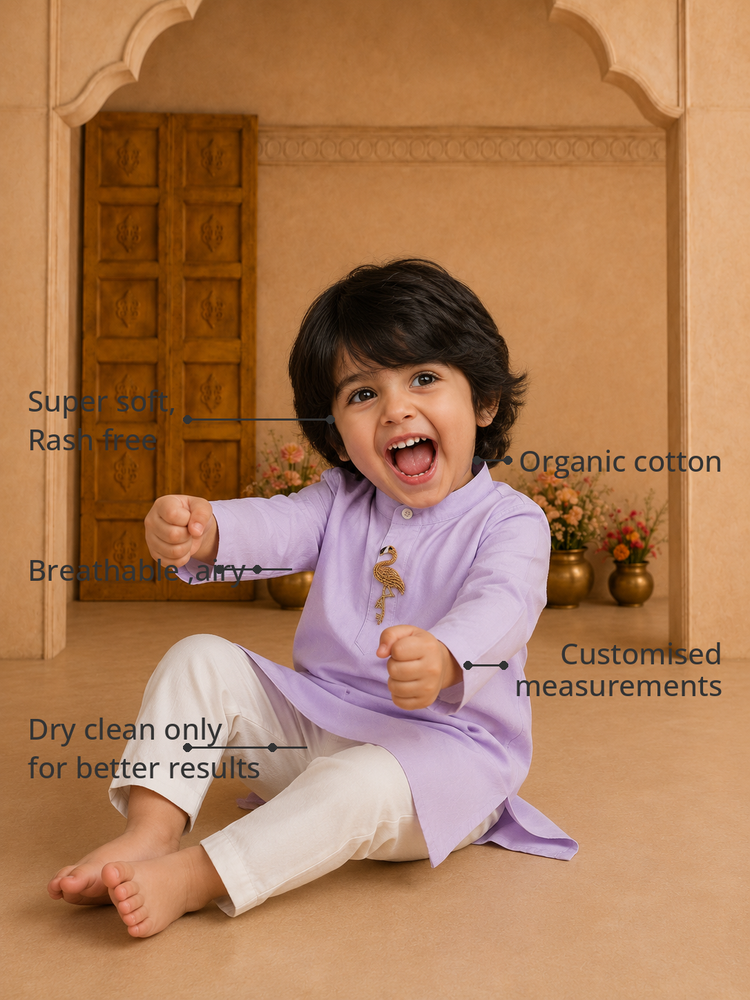 Anaario Lilac Flamingo-Motif Asymmetrical Kurta features - organic cotton, super soft and rash free, breathable, dry clean only, customised measurements