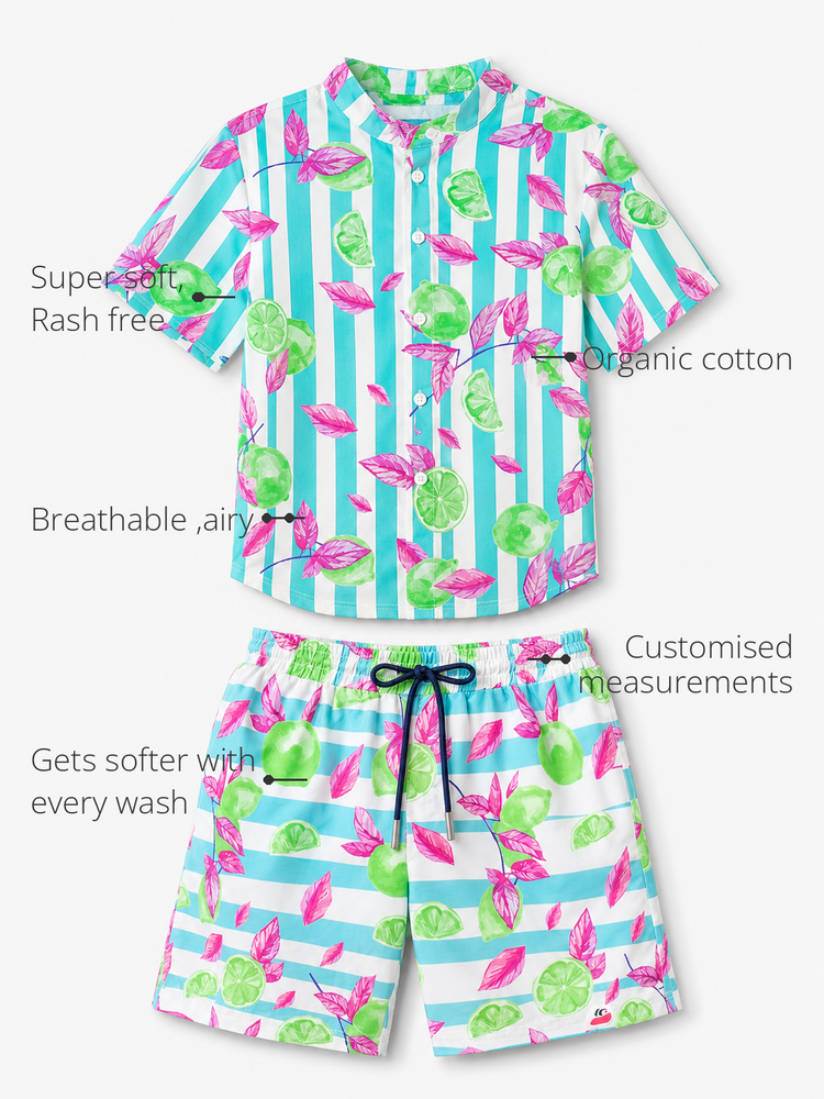Anaario Lime Leaf Shirt Set features - organic cotton, super soft and rash free, breathable, gets softer with every wash, customised measurements