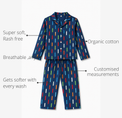 Anaario Midnight Dots Night Suit features - organic cotton, super soft and rash free, breathable, gets softer with every wash, customised measurements