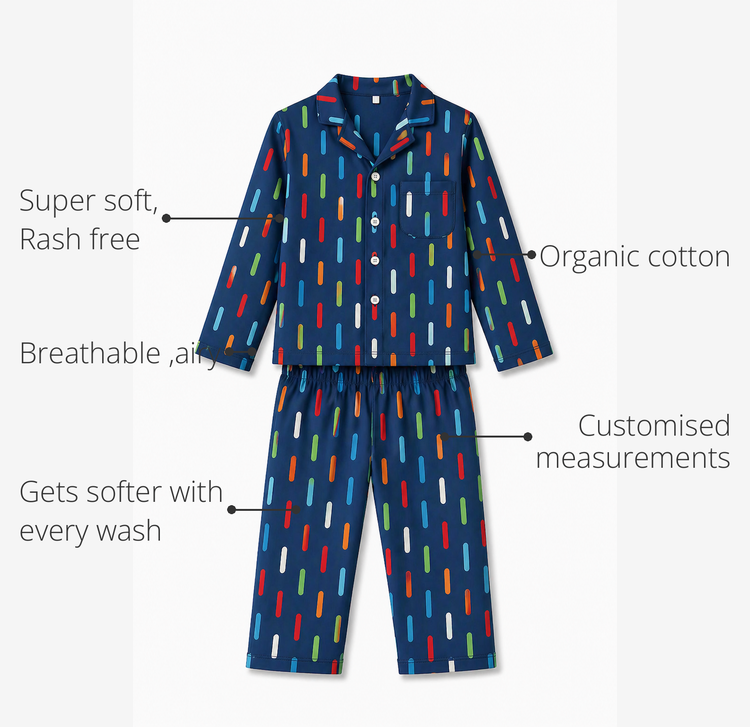 Anaario Midnight Dots Night Suit features - organic cotton, super soft and rash free, breathable, gets softer with every wash, customised measurements