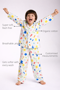 Anaario Multi-Coloured Night Suit features - organic cotton, super soft and rash free, breathable, gets softer with every wash, customised measurements