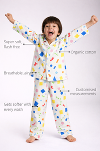 Anaario Multi-Coloured Night Suit features - organic cotton, super soft and rash free, breathable, gets softer with every wash, customised measurements
