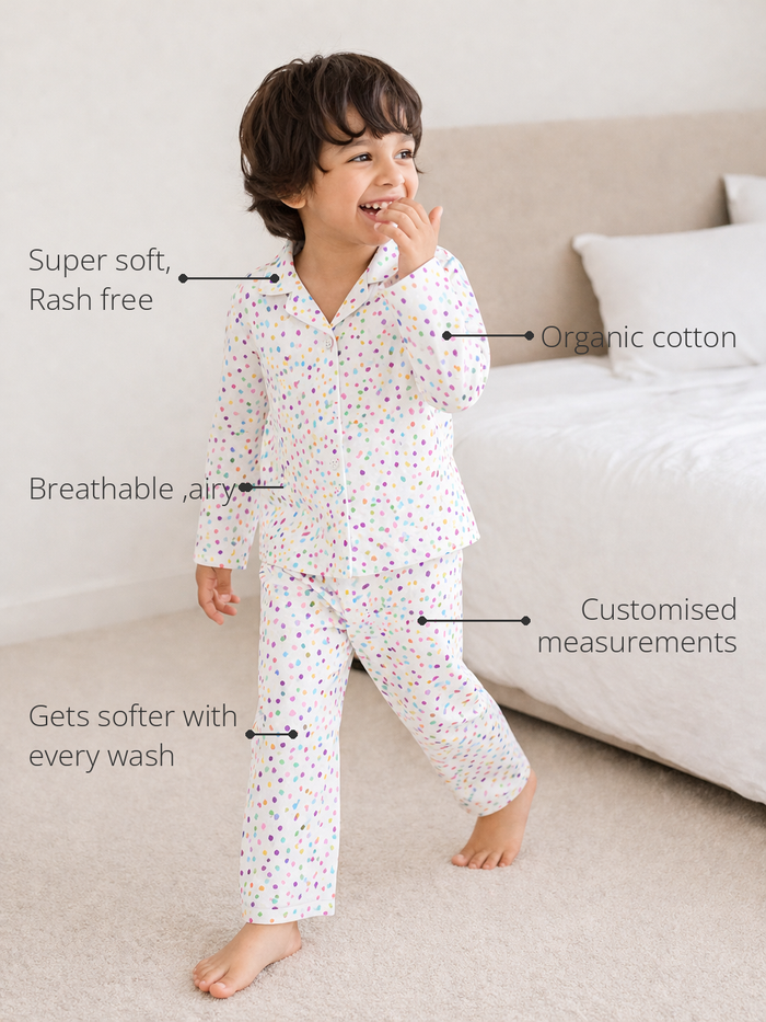 Anaario Multicolor Polka Spots Night Suit features - organic cotton, super soft and rash free, breathable, gets softer with every wash, customised measurements