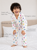 Anaario Multicolored Wriggly Beans Night Suit features - organic cotton, super soft and rash free, breathable, gets softer with every wash, customised measurements
