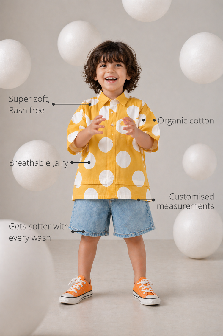 Anaario Mustard Dot Oversized Shirt features - organic cotton, super soft and rash free, breathable, gets softer with every wash, customised measurements