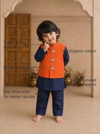 Anaario Navy Bird-Motif Waistcoat Set features - organic cotton, super soft and rash free, breathable, dry clean only, customised measurements