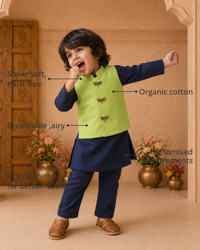 Anaario Navy Dragonfly-Motif Waistcoat Set features - organic cotton, super soft and rash free, breathable, dry clean only, customised measurements