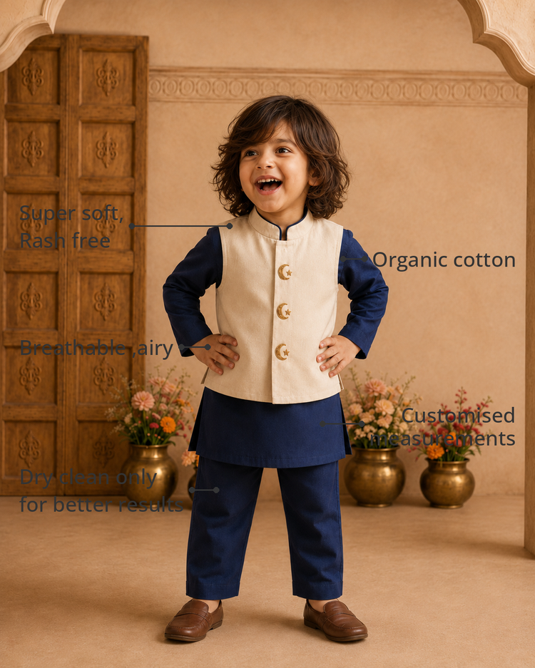 Anaario Navy Moon-Star Waistcoat Set features - organic cotton, super soft and rash free, breathable, dry clean only, customised measurements