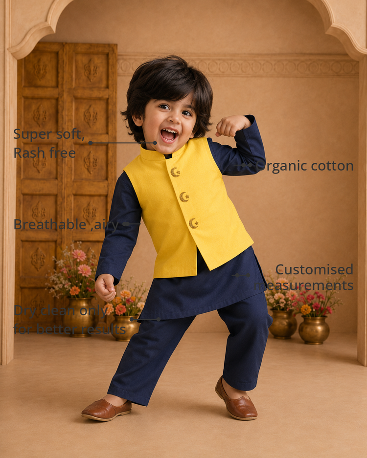 Anaario Navy Moon-Star Waistcoat Set features - organic cotton, super soft and rash free, breathable, dry clean only, customised measurements