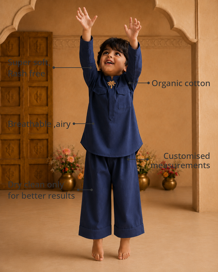 Anaario Navy Palm-Motif Kurta Set features - organic cotton, super soft and rash free, breathable, dry clean only, customised measurements