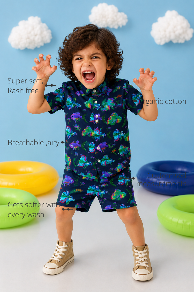 Anaario Neon Fish Shorts features - organic cotton, super soft and rash free, breathable, gets softer with every wash, customised measurements