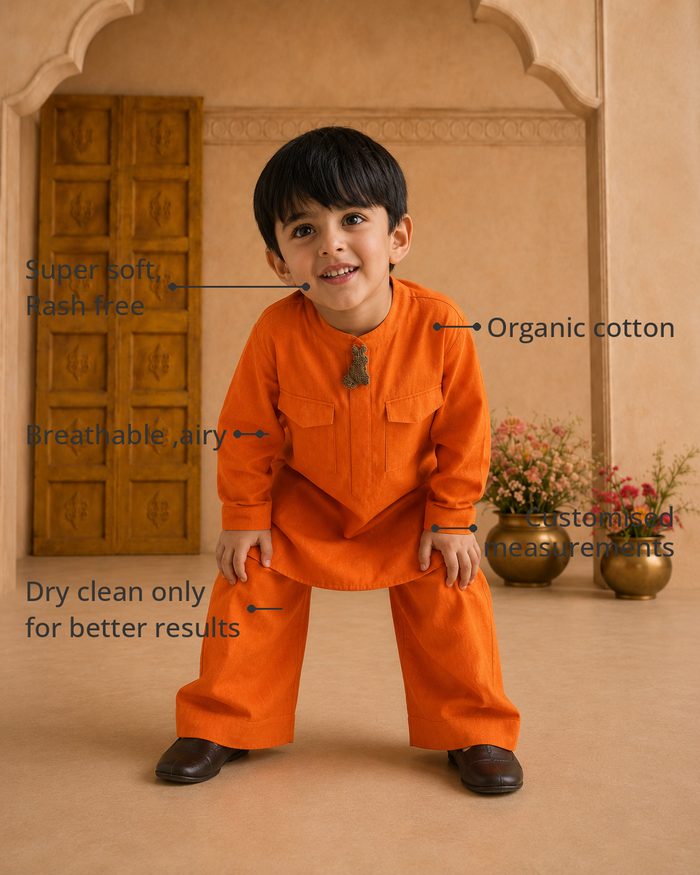 Anaario Orange Rabbit-Motif Kurta Set features - organic cotton, super soft and rash free, breathable, dry clean only, customised measurements