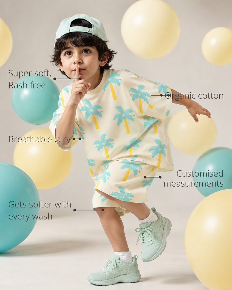 Anaario Palm Squad Co-ord Set features - organic cotton, super soft and rash free, breathable, gets softer with every wash, customised measurements