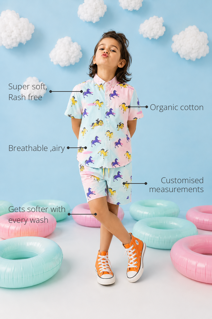 Anaario Pastel Horse Shorts features - organic cotton, super soft and rash free, breathable, gets softer with every wash, customised measurements
