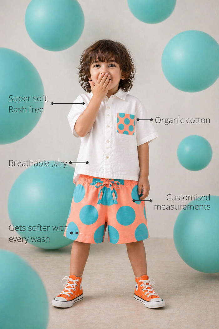 Anaario Peach Pop Shorts features - organic cotton, super soft and rash free, breathable, gets softer with every wash, customised measurements