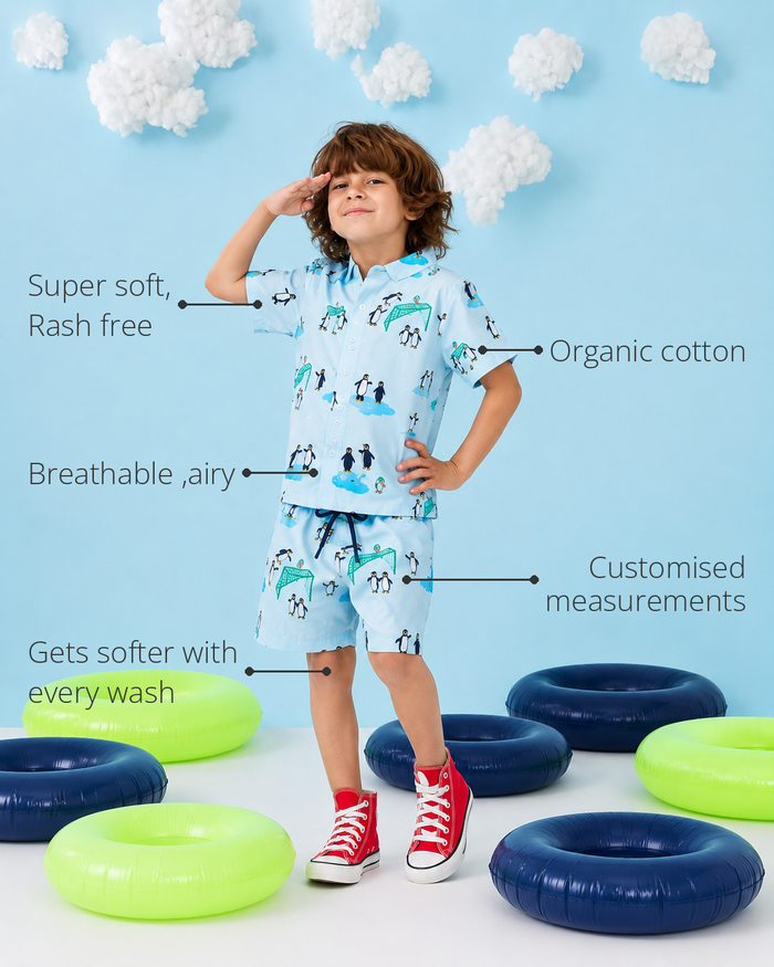 Anaario Penguin Ice Shorts features - organic cotton, super soft and rash free, breathable, gets softer with every wash, customised measurements