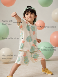 Anaario Pineapple Punch Co-ord Set features - organic cotton, super soft and rash free, breathable, gets softer with every wash, customised measurements