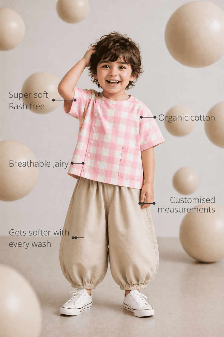 Anaario Pink Check Pocket Co-ord Set features - organic cotton, super soft and rash free, breathable, gets softer with every wash, customised measurements