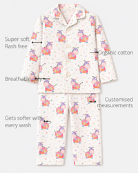 Anaario Pink Cow Night Suit features - organic cotton, super soft and rash free, breathable, gets softer with every wash, customised measurements