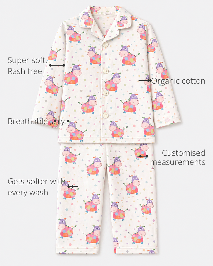 Anaario Pink Cow Night Suit features - organic cotton, super soft and rash free, breathable, gets softer with every wash, customised measurements