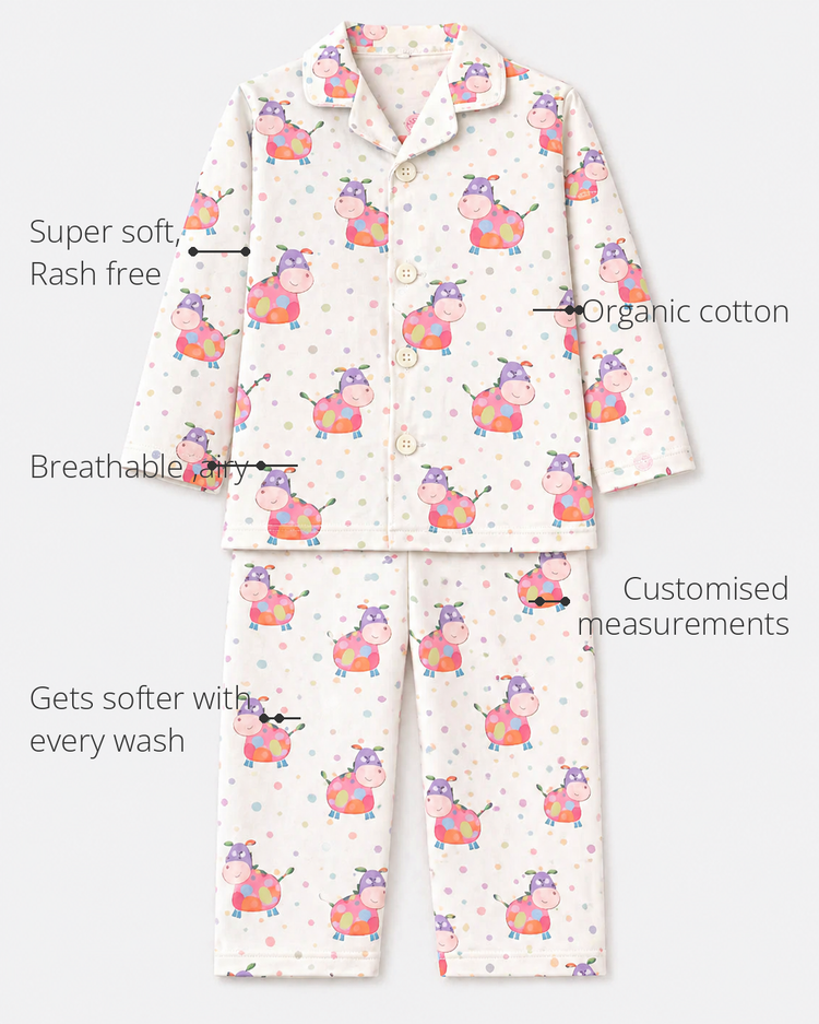Anaario Pink Cow Night Suit features - organic cotton, super soft and rash free, breathable, gets softer with every wash, customised measurements