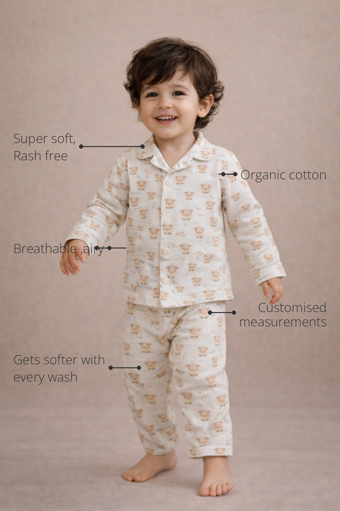 Anaario Pink Sheep Night Suit features - organic cotton, super soft and rash free, breathable, gets softer with every wash, customised measurements