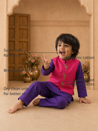 Anaario Purple Flamingo-Motif Waistcoat Set features - organic cotton, super soft and rash free, breathable, dry clean only, customised measurements