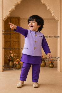 Anaario Purple Palm-Motif Waistcoat Set features - organic cotton, super soft and rash free, breathable, dry clean only, customised measurements