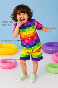 Anaario Rainbow Grid Shorts features - organic cotton, super soft and rash free, breathable, gets softer with every wash, customised measurements