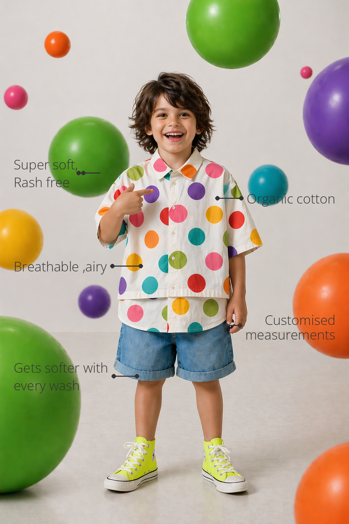 Anaario Rainbow Pop Oversized Shirt features - organic cotton, super soft and rash free, breathable, gets softer with every wash, customised measurements