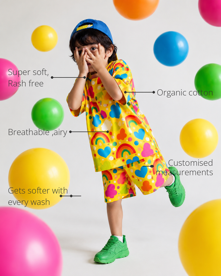 Anaario Rainbow Rush Co-ord Set features - organic cotton, super soft and rash free, breathable, gets softer with every wash, customised measurements