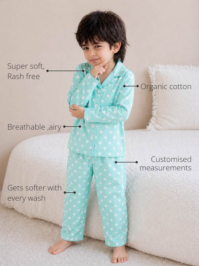 Anaario Rainy Dots Night Suit features - organic cotton, super soft and rash free, breathable, gets softer with every wash, customised measurements