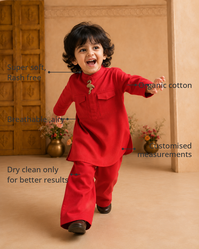 Anaario Red Flamingo-Motif Kurta Set features - organic cotton, super soft and rash free, breathable, dry clean only, customised measurements