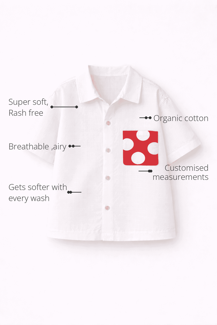 Anaario Red Pop Pocket Shirt features - organic cotton, super soft and rash free, breathable, gets softer with every wash, customised measurements