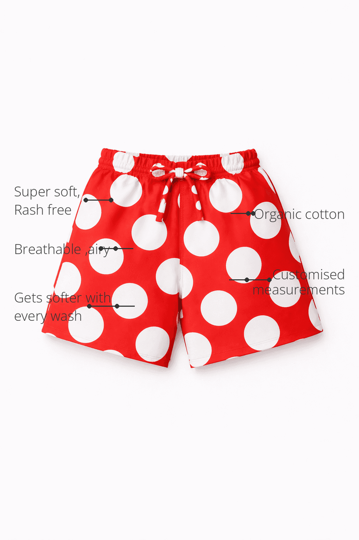 Anaario Red Pop Shorts features - organic cotton, super soft and rash free, breathable, gets softer with every wash, customised measurements