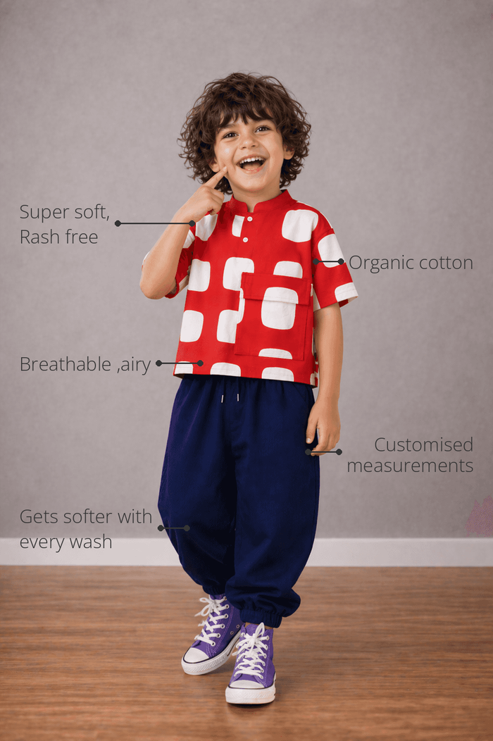 Anaario Red Rhythm Pocket Shirt features - organic cotton, super soft and rash free, breathable, gets softer with every wash, customised measurements